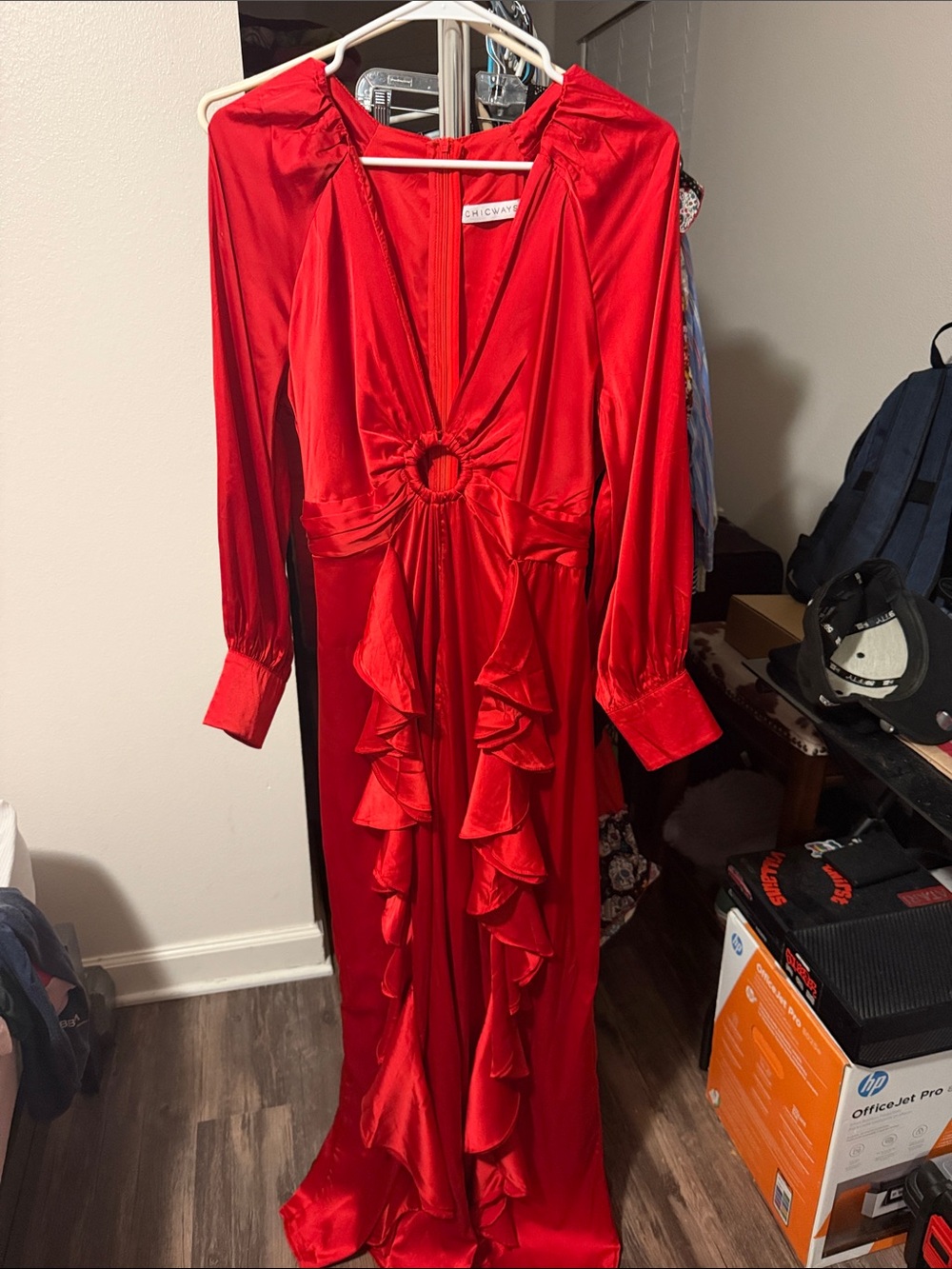 Chicwish Red Satin Ruffle Jumpsuit with Ring Waist